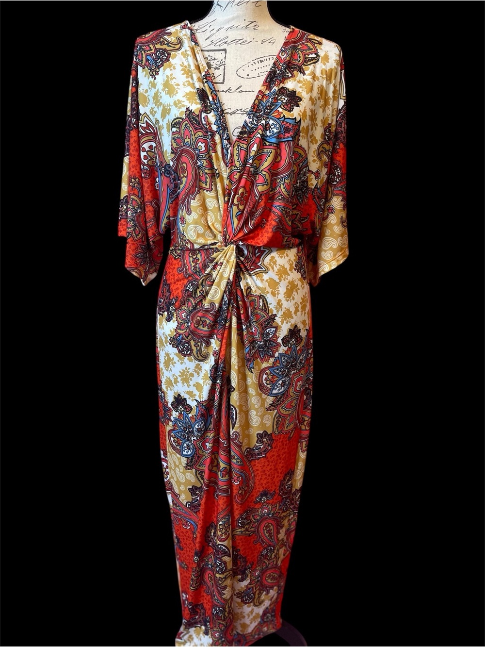 Bohemian Orange Yellow Blue Maxi Dress Women Size Large Short Sleeve V Neck